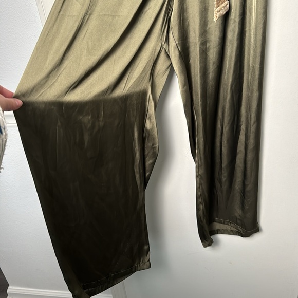 EUC Olive Green Zara Classy Belted Longsleeve Satin-Like Jumpsuit Size Medium - Picture 4 of 10